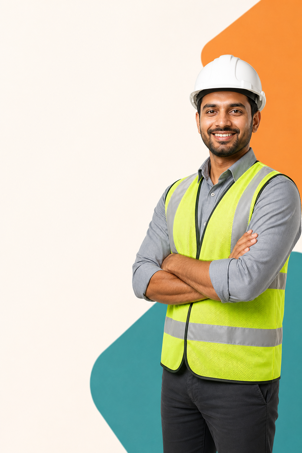 Smiling building contractor wearing a safety helmet and reflective vest