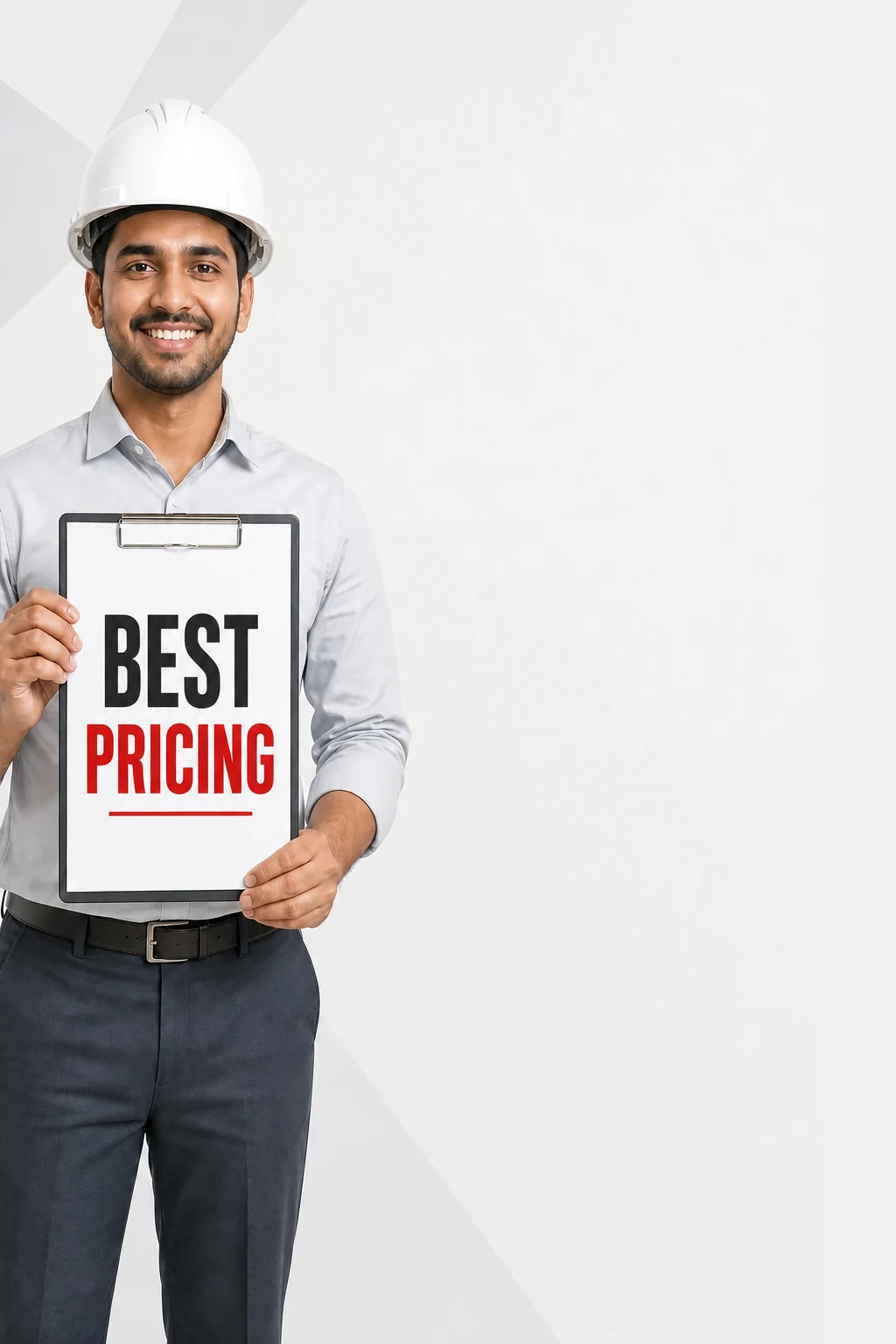 Construction professional holding a Best Pricing clipboard