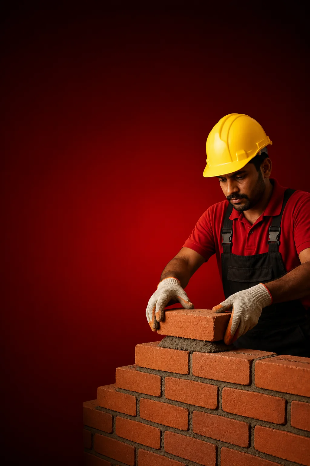 Construction worker carefully laying bricks